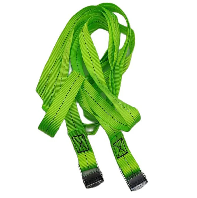 A bundle of bright lime green heavy-duty tie-down straps with black webbing and metal buckles.