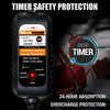 A black motorcycle battery charger with a digital timer display and safety protection features.