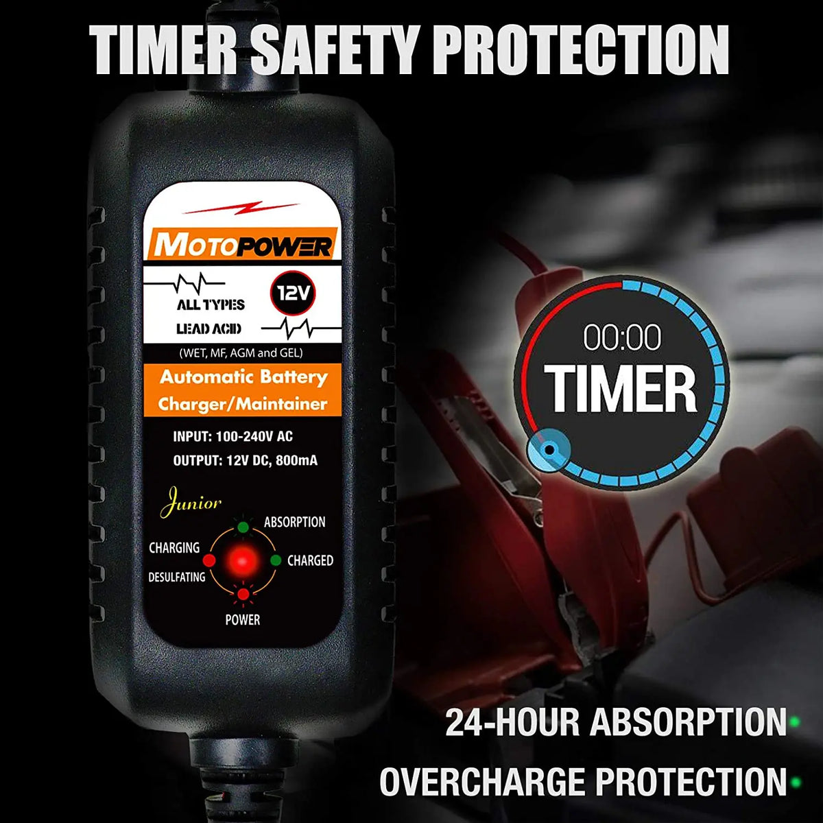 A black motorcycle battery charger with a digital timer display and safety protection features.
