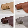 Four views of a brown self-adhesive PU leather patch rolled for furniture and craft repairs showing different shades.