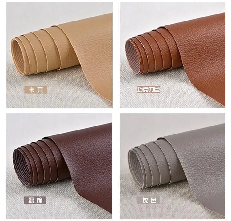 Four views of a brown self-adhesive PU leather patch rolled for furniture and craft repairs showing different shades.