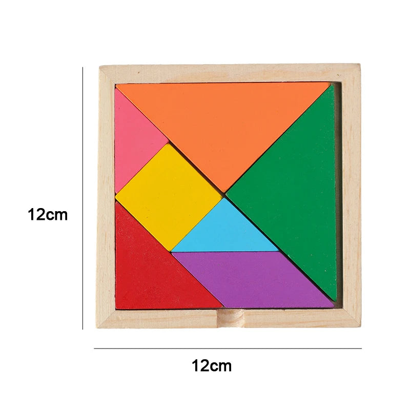 A wooden puzzle featuring five brightly colored triangles arranged in a square frame.