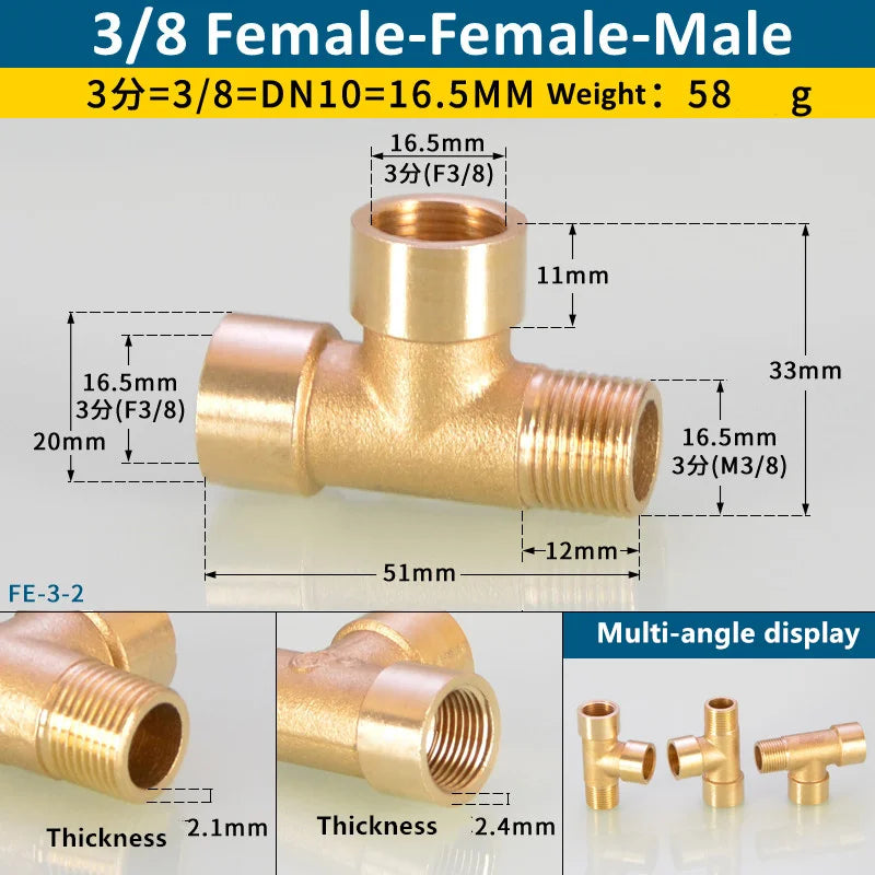 Brass BSP tee pipe fitting for water oil and gas connections in 3/8 female-female-male configuration
