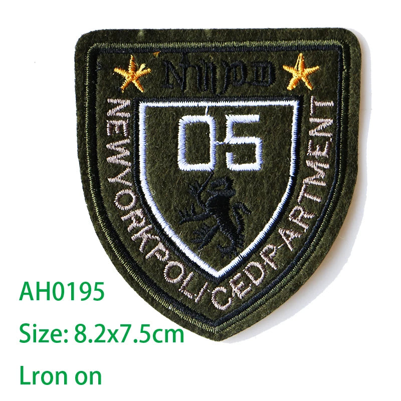 Dark olive green embroidered patch with the number 05 and stars, featuring the text NEWYORK POLI CEDP-ARTMENT.