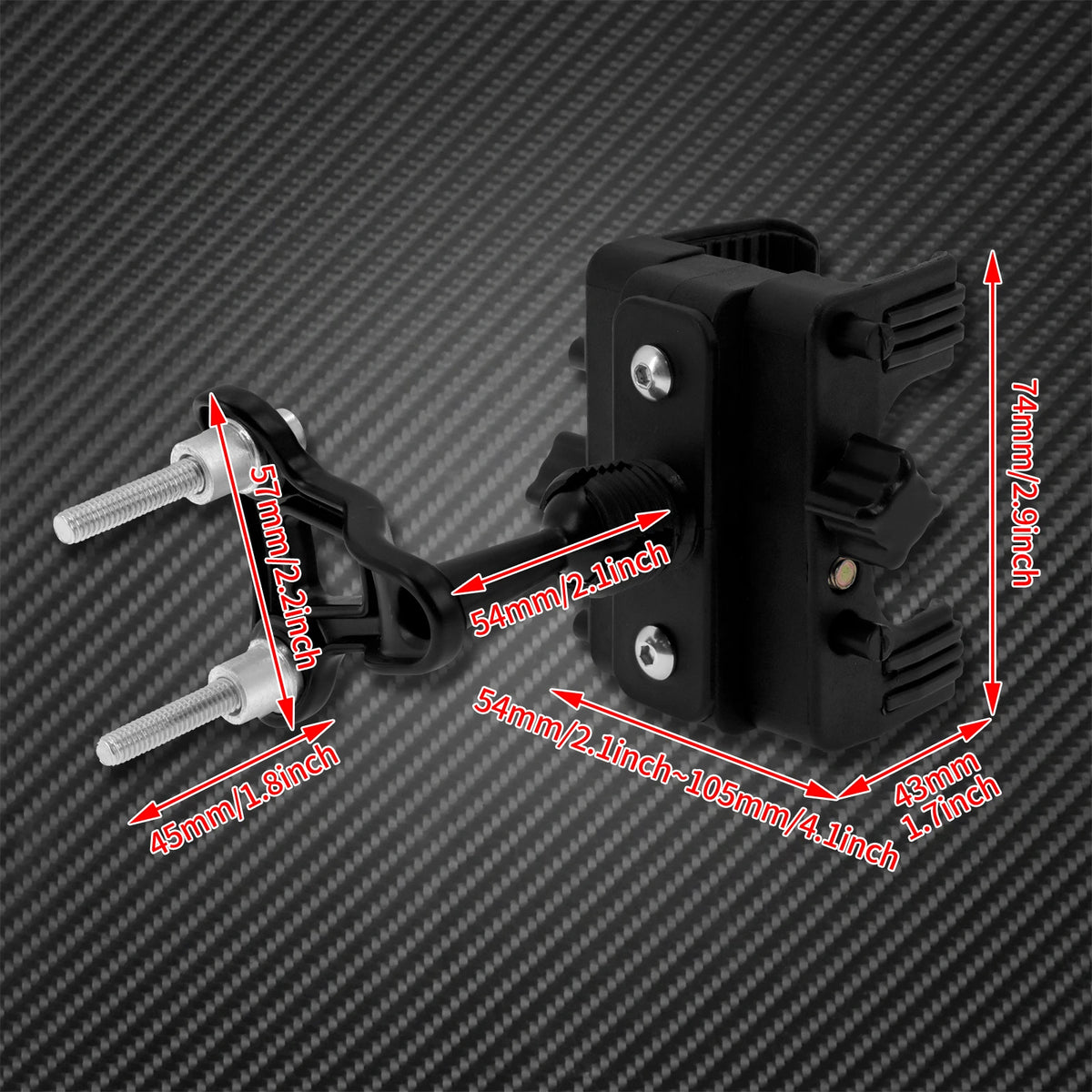 A black universal motorcycle handlebar phone mount with various mounting options shown against a dark background.