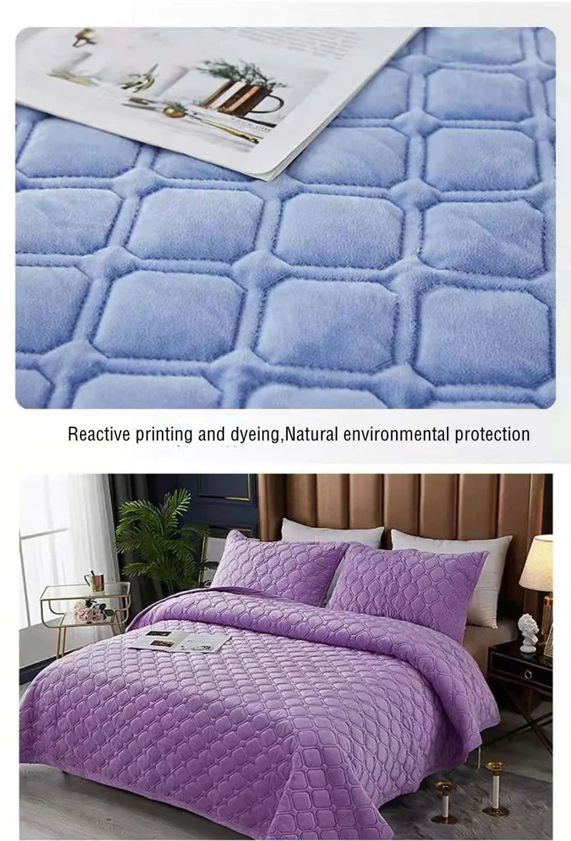 Purple quilted velvet bedspread with a diamond pattern and a blue textured fabric background.