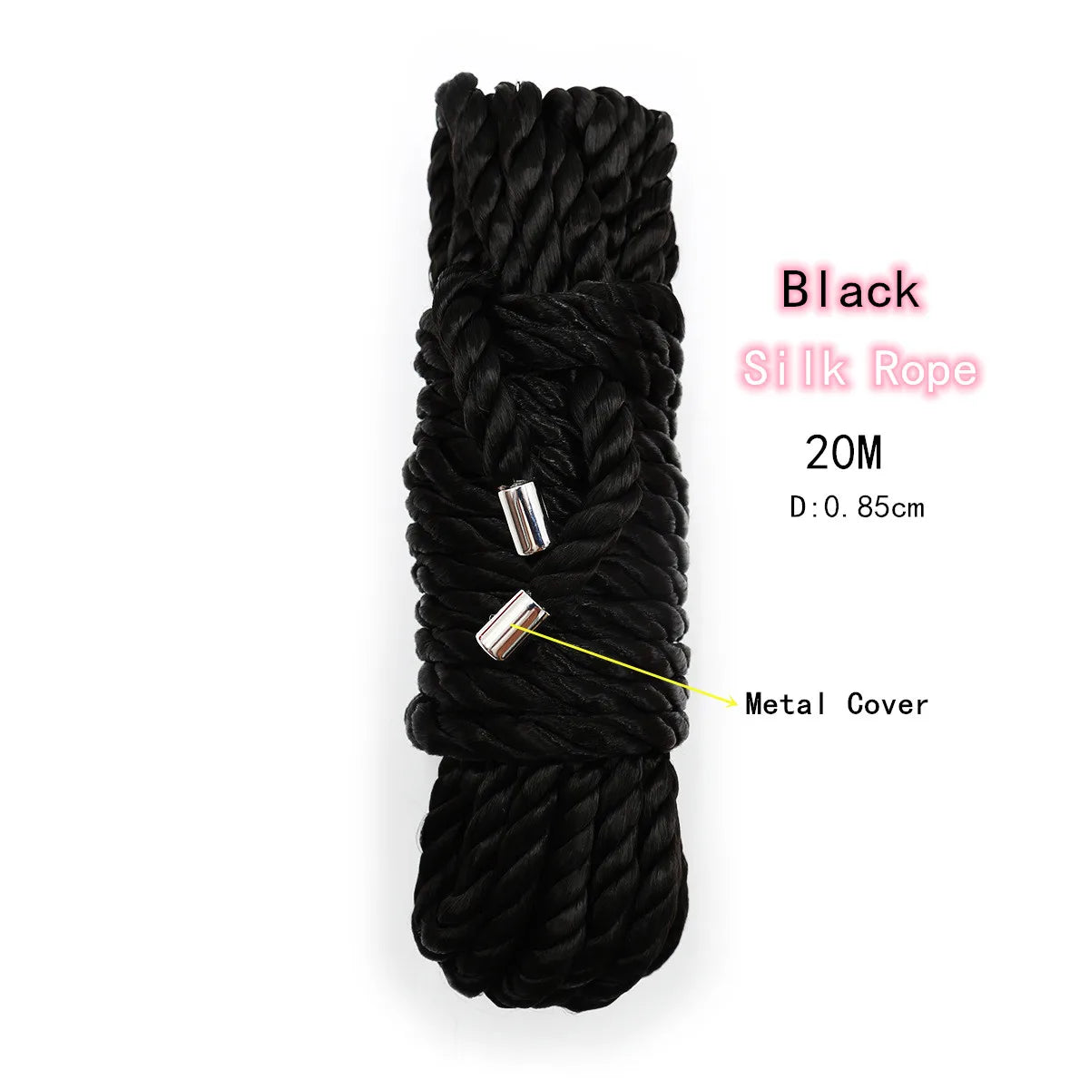 Black silk rope with a metal cover coiled and tied for bondage play
