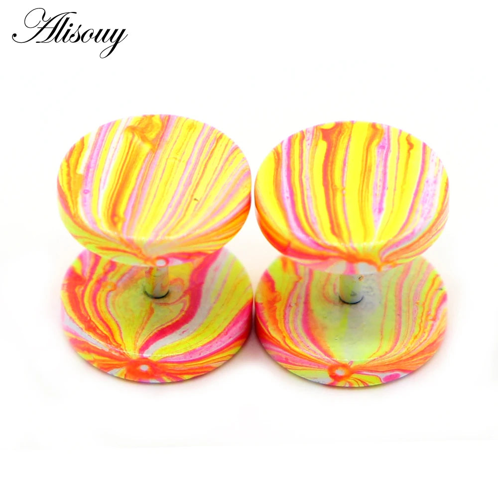 Pair of stainless steel fake gauge ear plugs with a vibrant yellow and orange striped design