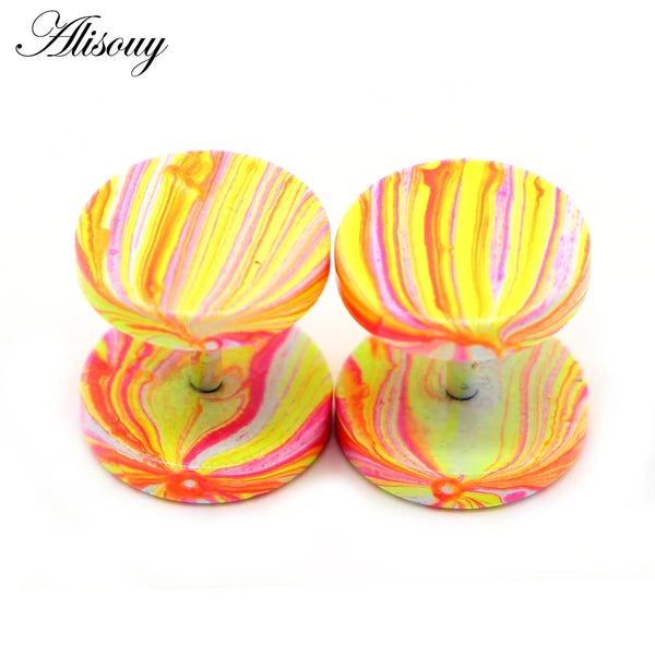 Par de tapones para el oído falsos de acero inoxidable con diseño a rayas amarillas y naranjas vibrantes