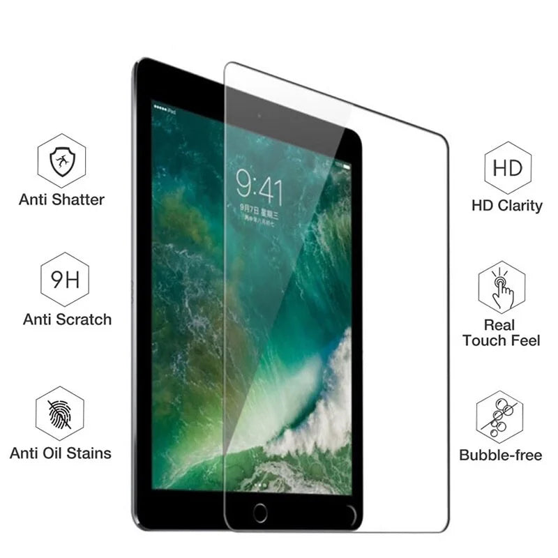 Tempered glass screen protector for an iPad Pro showing various protection features like anti-shatter and HD clarity.
