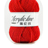 A ball of bright red acrylic line yarn labeled as Acrylic line with 20 strands.