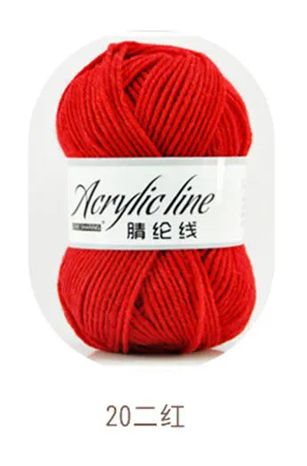A ball of bright red acrylic line yarn labeled as Acrylic line with 20 strands.