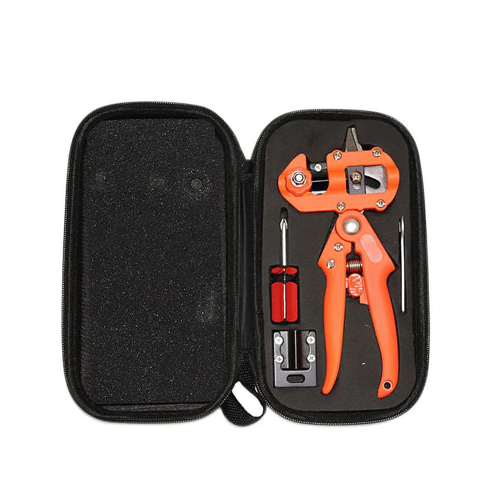 An orange 3-in-1 grafting pruner with replaceable blades is shown inside a black storage case.
