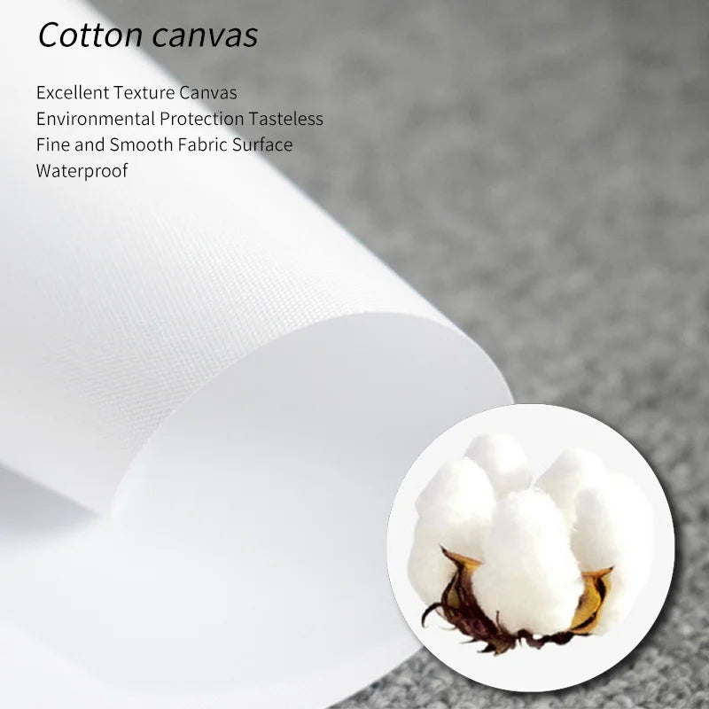 A close-up view of white cotton canvas fabric texture and a small clump of white cotton fibers.