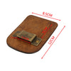 A brown genuine leather tape measure holder with a metal belt clip, shown from above.