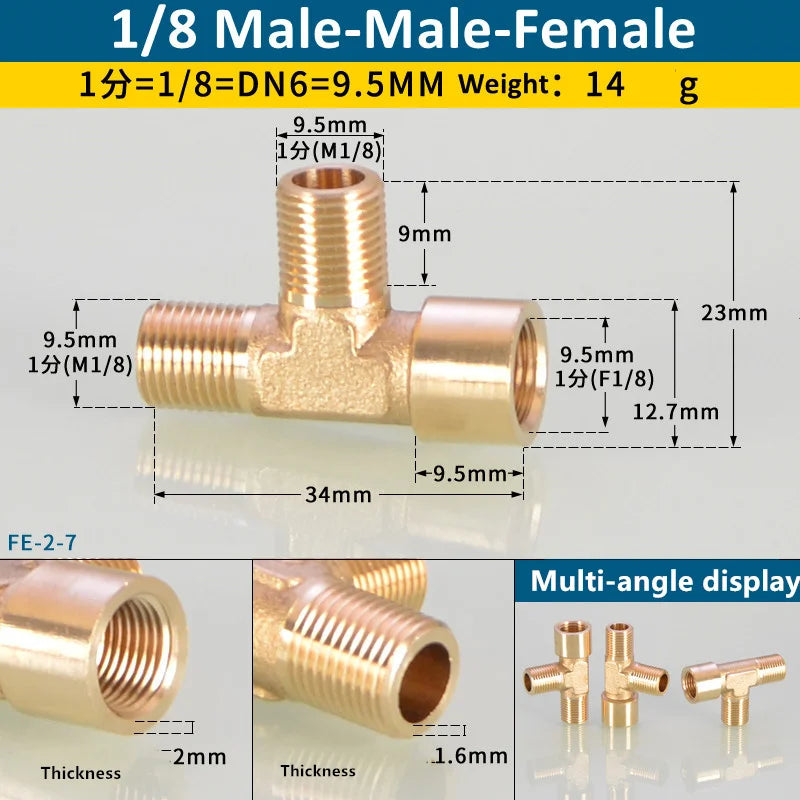Brass BSP Tee pipe fitting with 1/8 and 9.5mm connections shown in various angles
