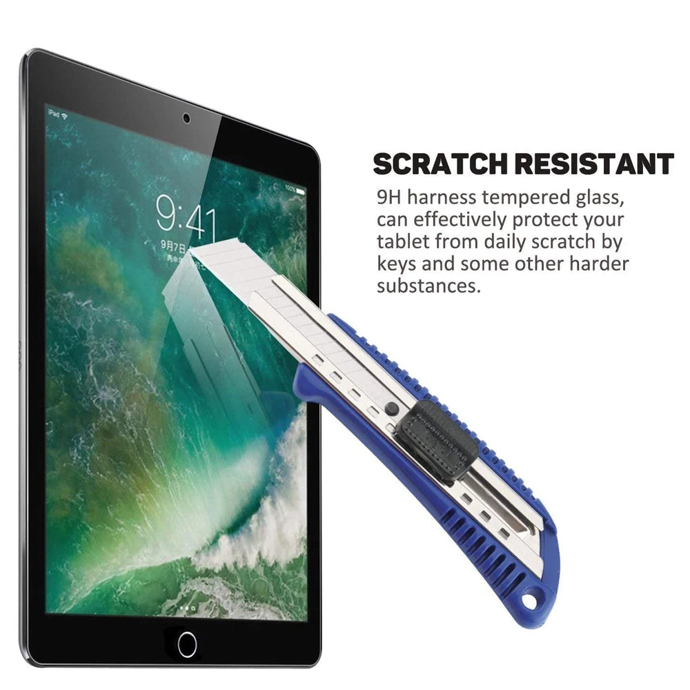 A blue tempered glass screen protector is shown next to an Apple tablet displaying a scenic background.