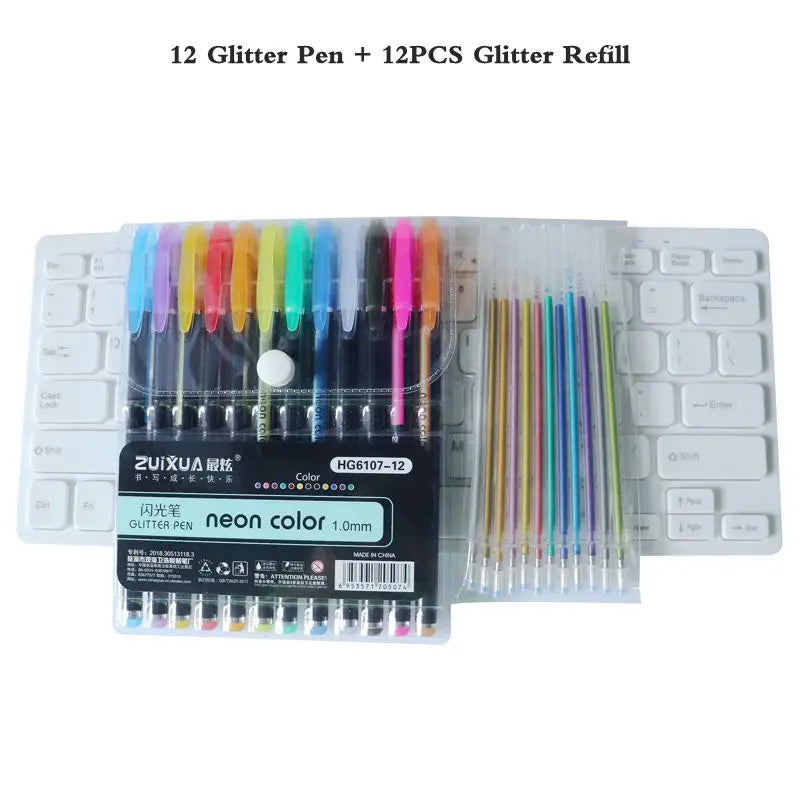 A set of 12 glitter pens and a refill pack displayed on a white background.