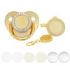 Gold rhinestone pacifier clip with a decorative pendant and chain