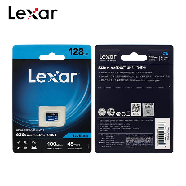 A blue Lexar 128GB microSDXC UHS-I memory card packaged in its original plastic case.