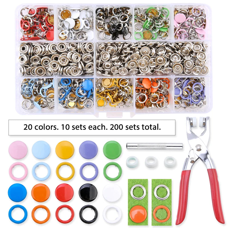 A variety of metal snap fasteners in 20 colors are displayed alongside a pair of pliers tool.