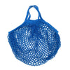 A pair of blue organic cotton mesh produce bags with tasseled drawstring closures.