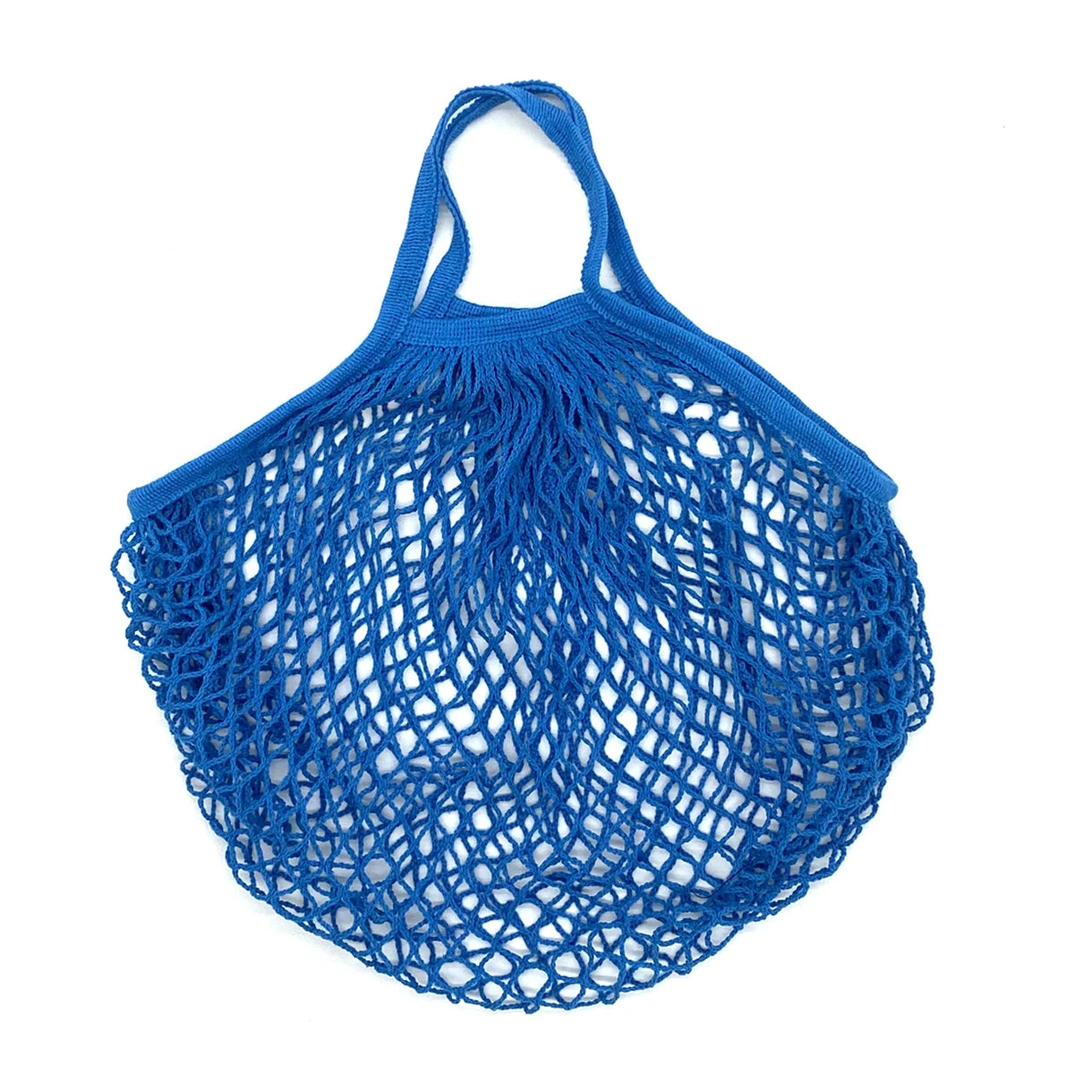 A pair of blue organic cotton mesh produce bags with tasseled drawstring closures.