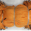 A bundle of multi-color polypropylene gift string rope with black fibers, coiled and displayed on a white surface.