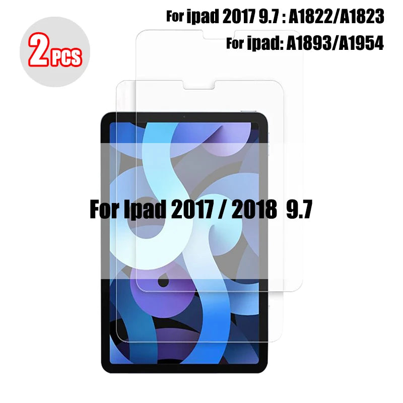 A transparent tempered glass screen protector for an iPad, shown alongside packaging and compatibility information.