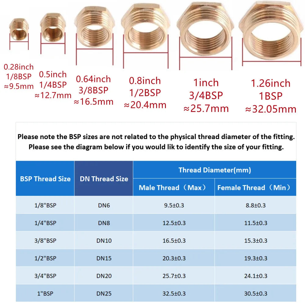 A set of brass BSP tee pipe fittings shown in various sizes and angles.