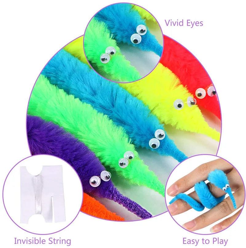 A set of magic trick props featuring colorful fuzzy strings and a magic bag for beginner magic tricks.