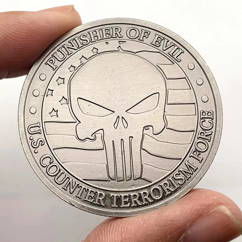 Antique silver commemorative coin featuring a punisher of evil skull design and U.S. Counter Terrorism Force text