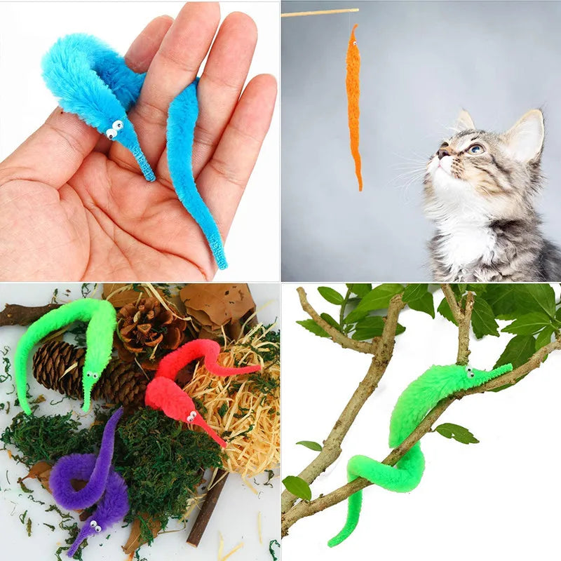 A set of magic trick props including a blue feather, an orange flower, and various colored snakes.