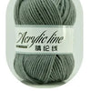 A ball of gray acrylic line yarn used for knitting and crochet.