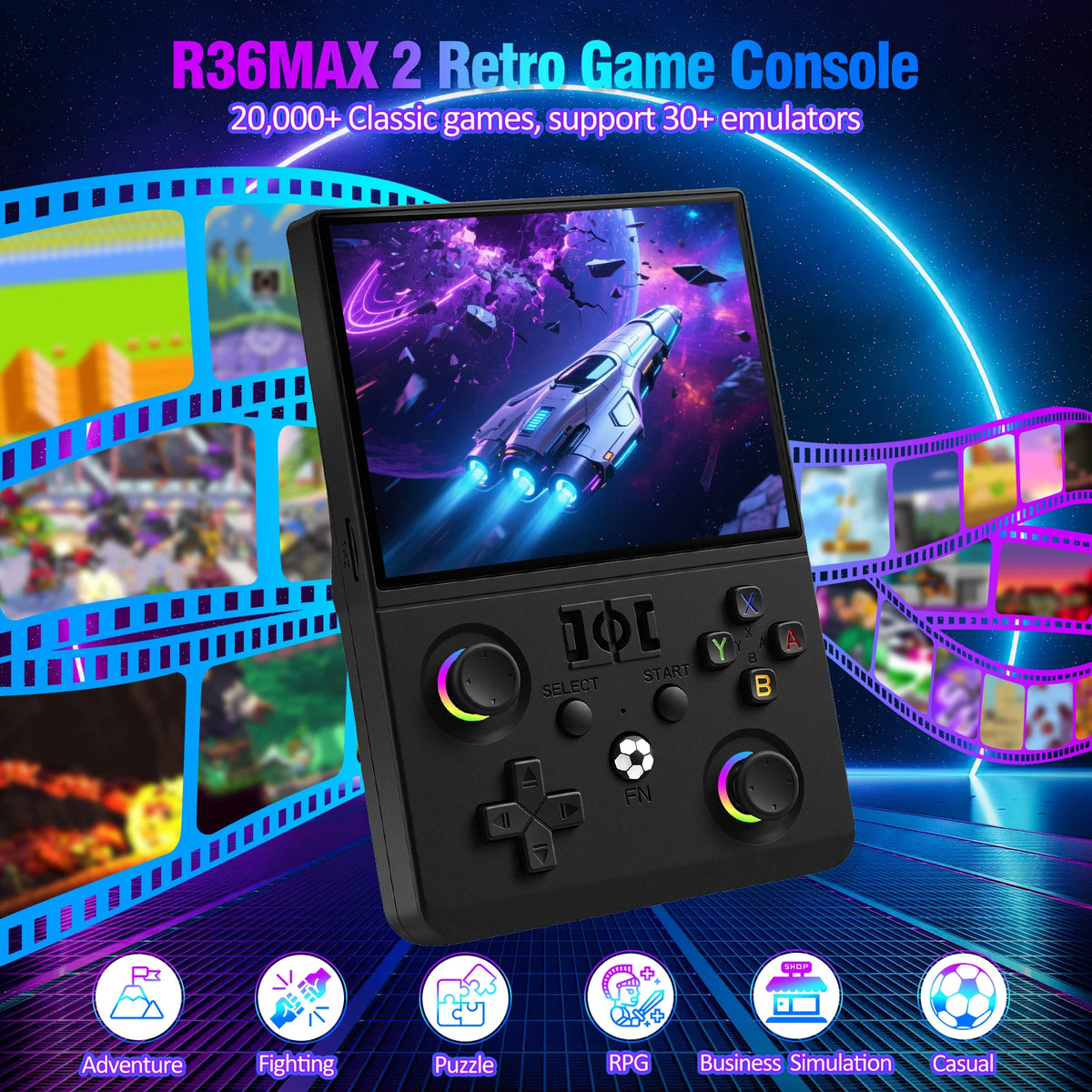 A black R36 MAX 2 retro game console is displayed with various game icons and a vibrant space scene background.
