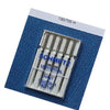 A pack of five universal sewing machine needles labeled 130/705 H and 90/14, packaged in a clear plastic tray.