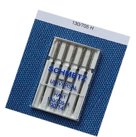 A pack of five universal sewing machine needles labeled 130/705 H and 90/14, packaged in a clear plastic tray.