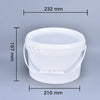 A white food-grade plastic bucket with a leakproof lid shown with dimensions.