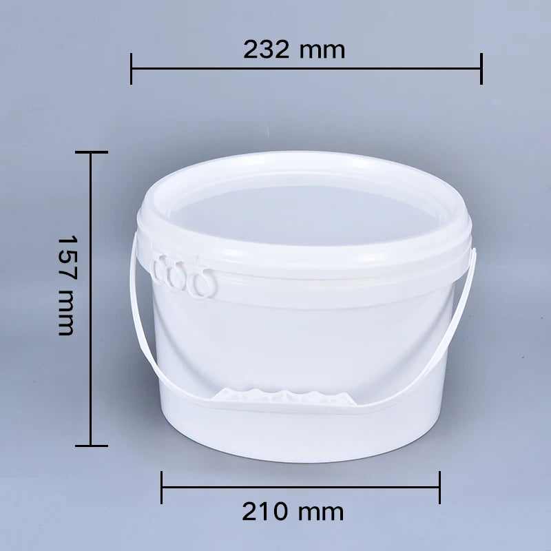 A white food-grade plastic bucket with a leakproof lid shown with dimensions.