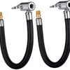 A pair of locking air chucks with flexible hoses for tires, featuring metal connectors and black rubber hoses.