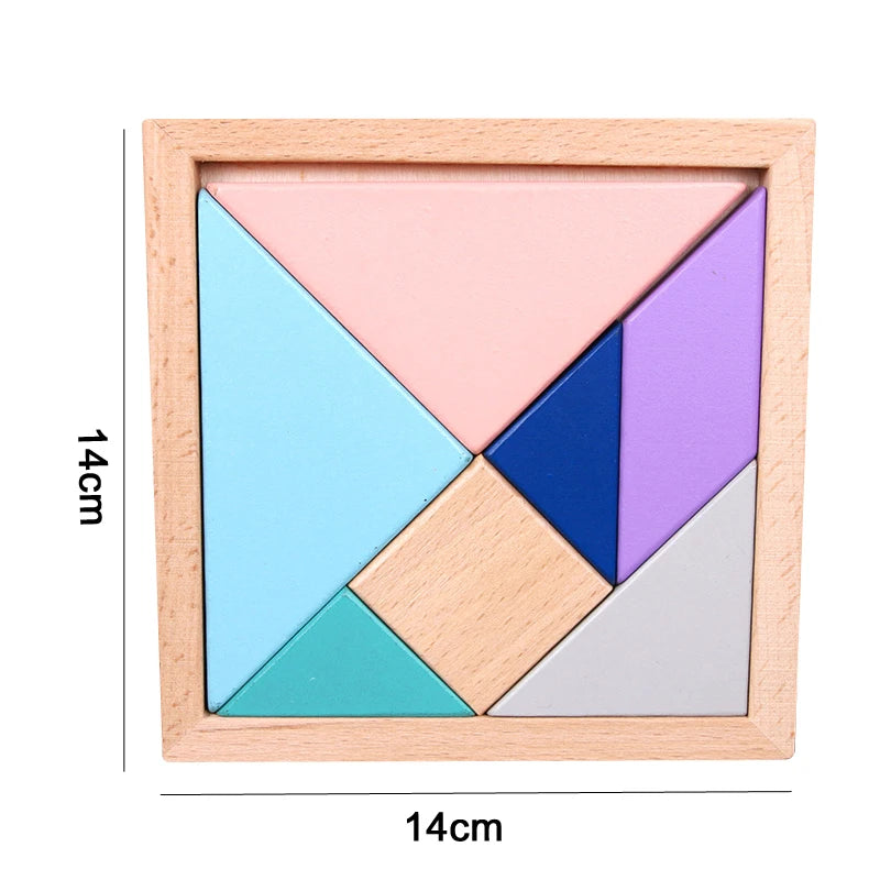 A wooden puzzle featuring five geometric shapes in pastel colors including pink, blue, purple, and gray.