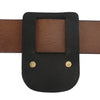 A black leather tape measure holder with a rectangular slot and two metal belt clips.