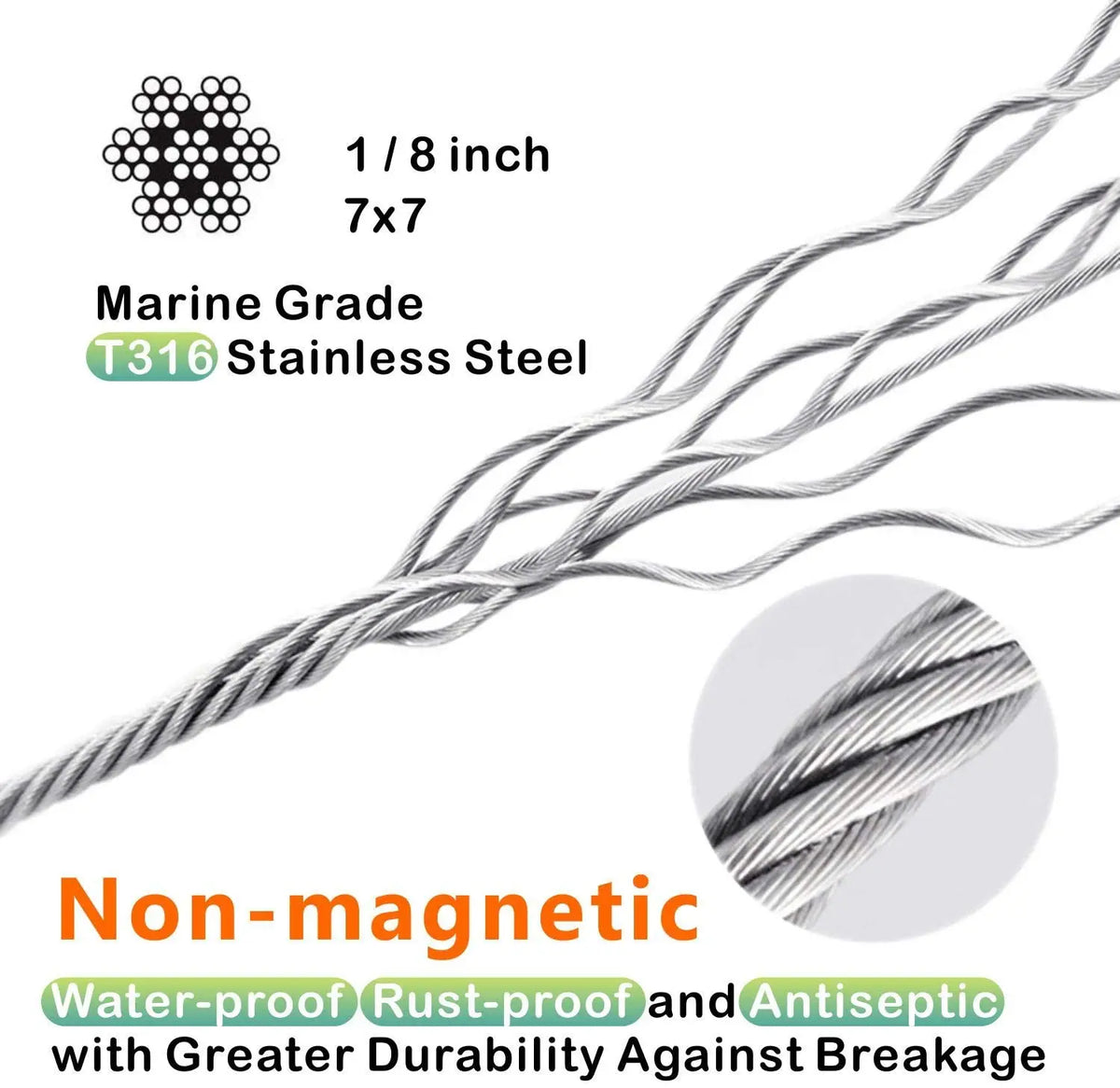 Close-up view of marine-grade T316 stainless steel cable used for railing systems.