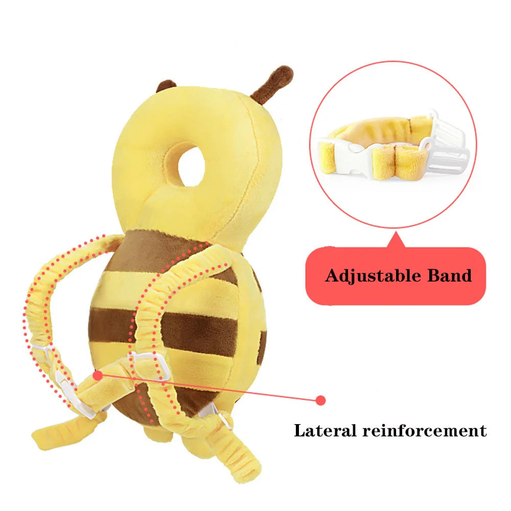 Yellow toddler head protector backpack with adjustable band and lateral reinforcement features