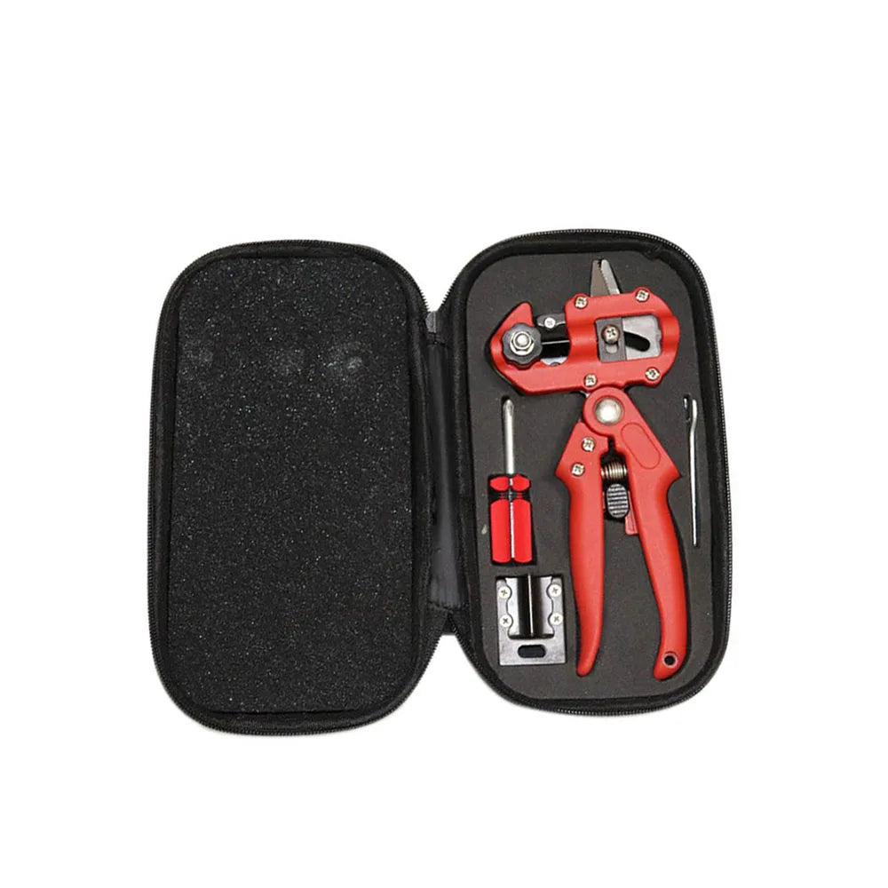 A black storage pouch containing a red 3-in-1 grafting pruner with replaceable blades.