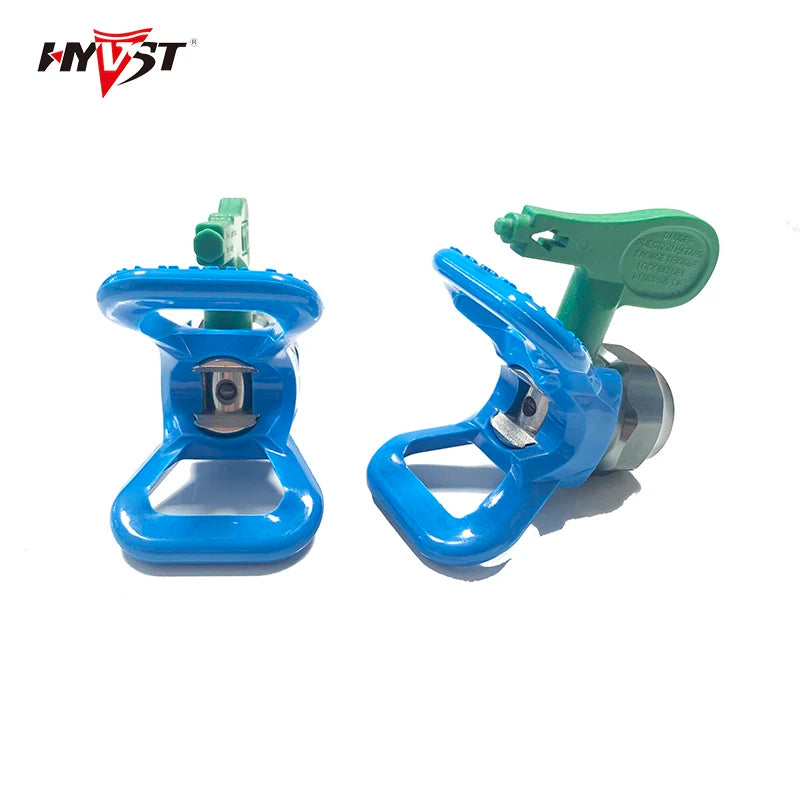 Blue universal airless paint sprayer nozzle guard and seat assembly
