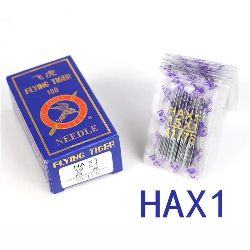 A box of Flying Tiger 100 flying tiger sewing machine needles is shown next to a clear plastic pack of HAX1 needles.