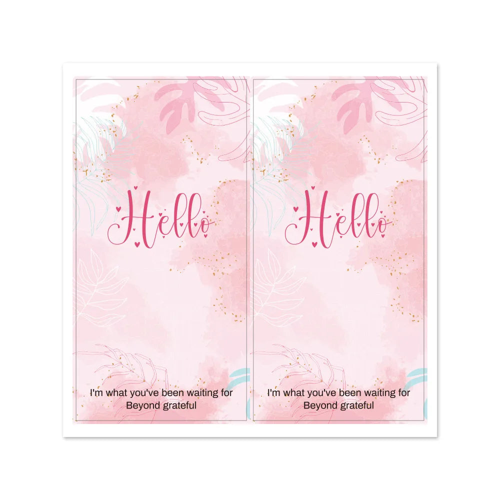 Pinkes Aquarelldesign mit 'Hello' und Dankesbotschaft auf einem rechteckigen Dankesversandetikettblatt