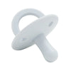 A white silicone baby pacifier soother with a ring and a handle.