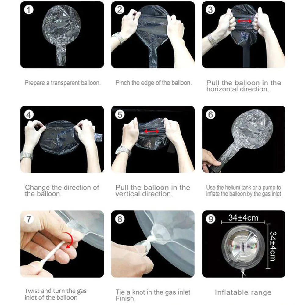 Nine steps demonstrating how to prepare, inflate, and use a clear PVC balloon for events.